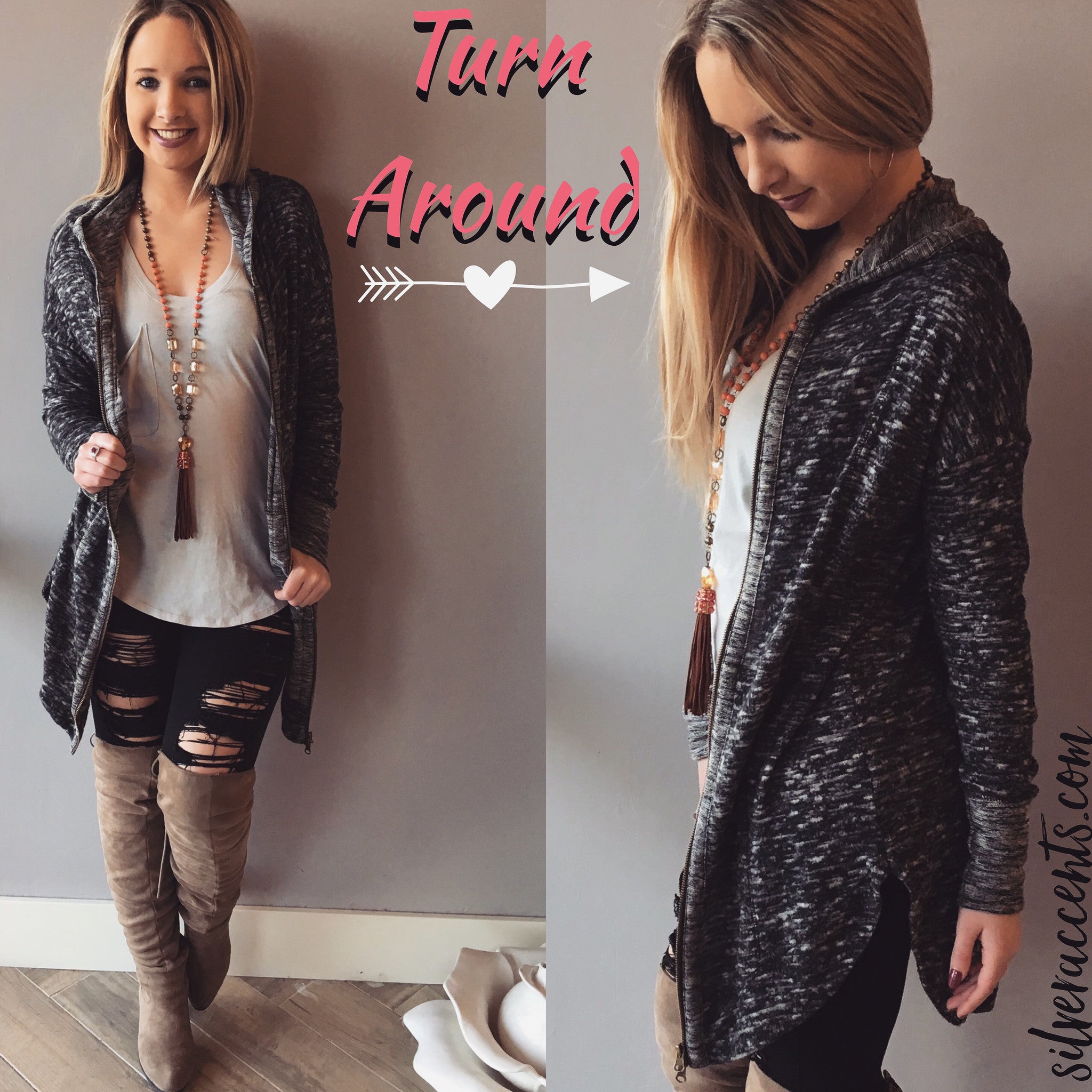 TURN BACK Shirttail Hem Zip Hoodie Tunic Top