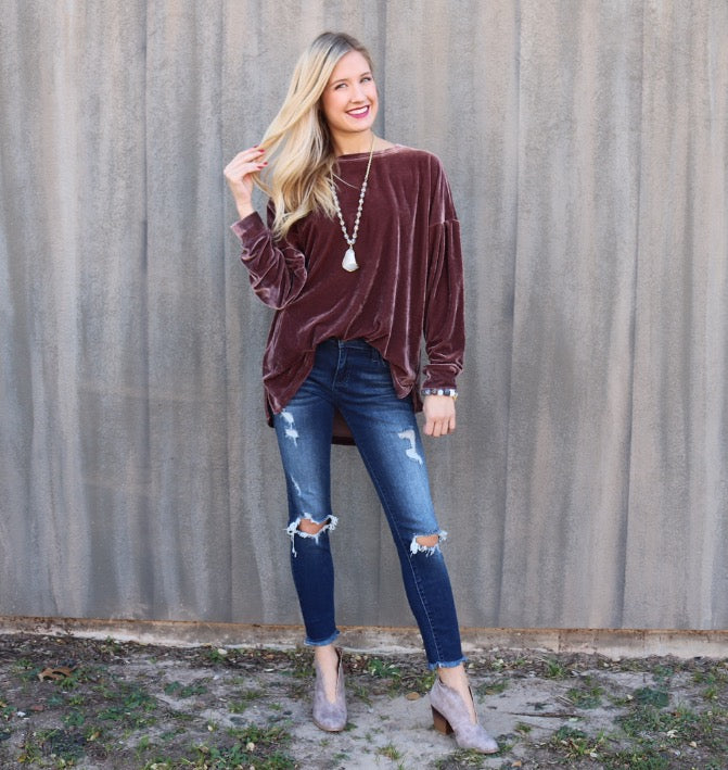 TOTAL ECLIPSE Velvet DropShoulder LongLeeve CrewNeck Top