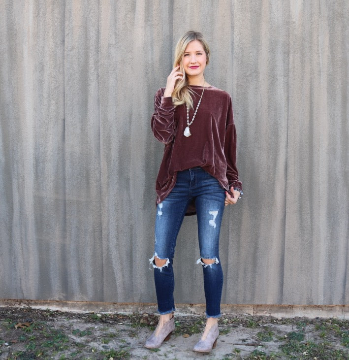 TOTAL ECLIPSE Velvet DropShoulder LongLeeve CrewNeck Top