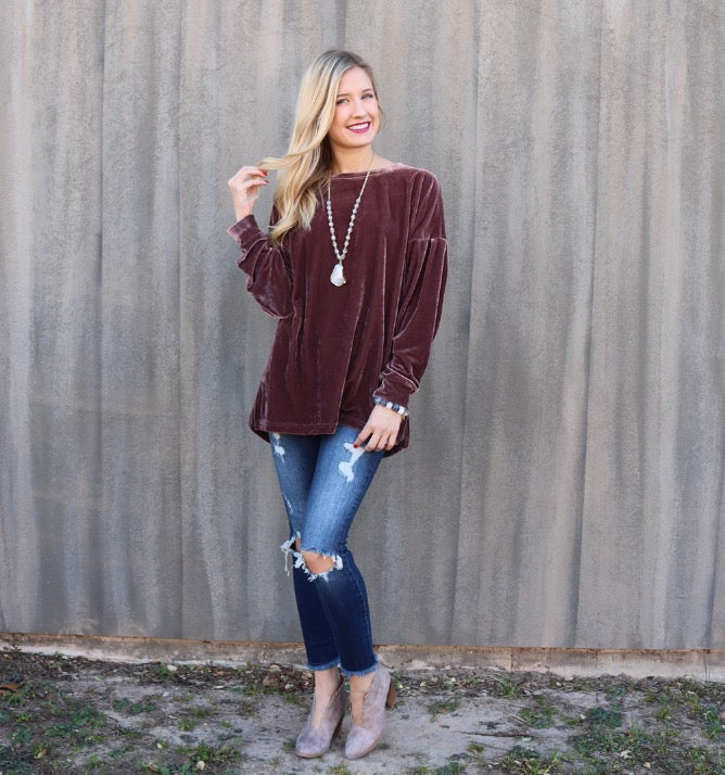 TOTAL ECLIPSE Velvet DropShoulder LongLeeve CrewNeck Top