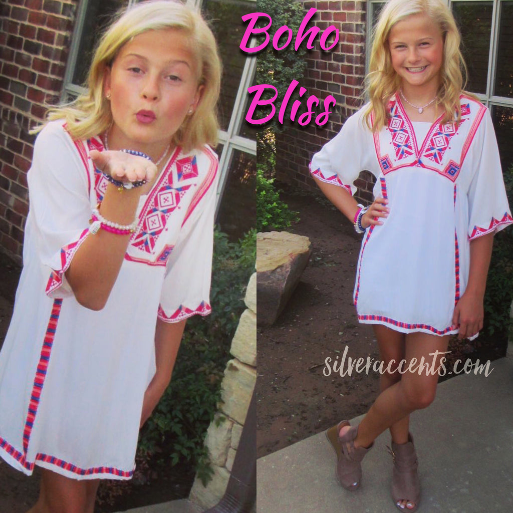 BOHO BLISS Girls Embroidered V-Neck Short BellSleeve Dress