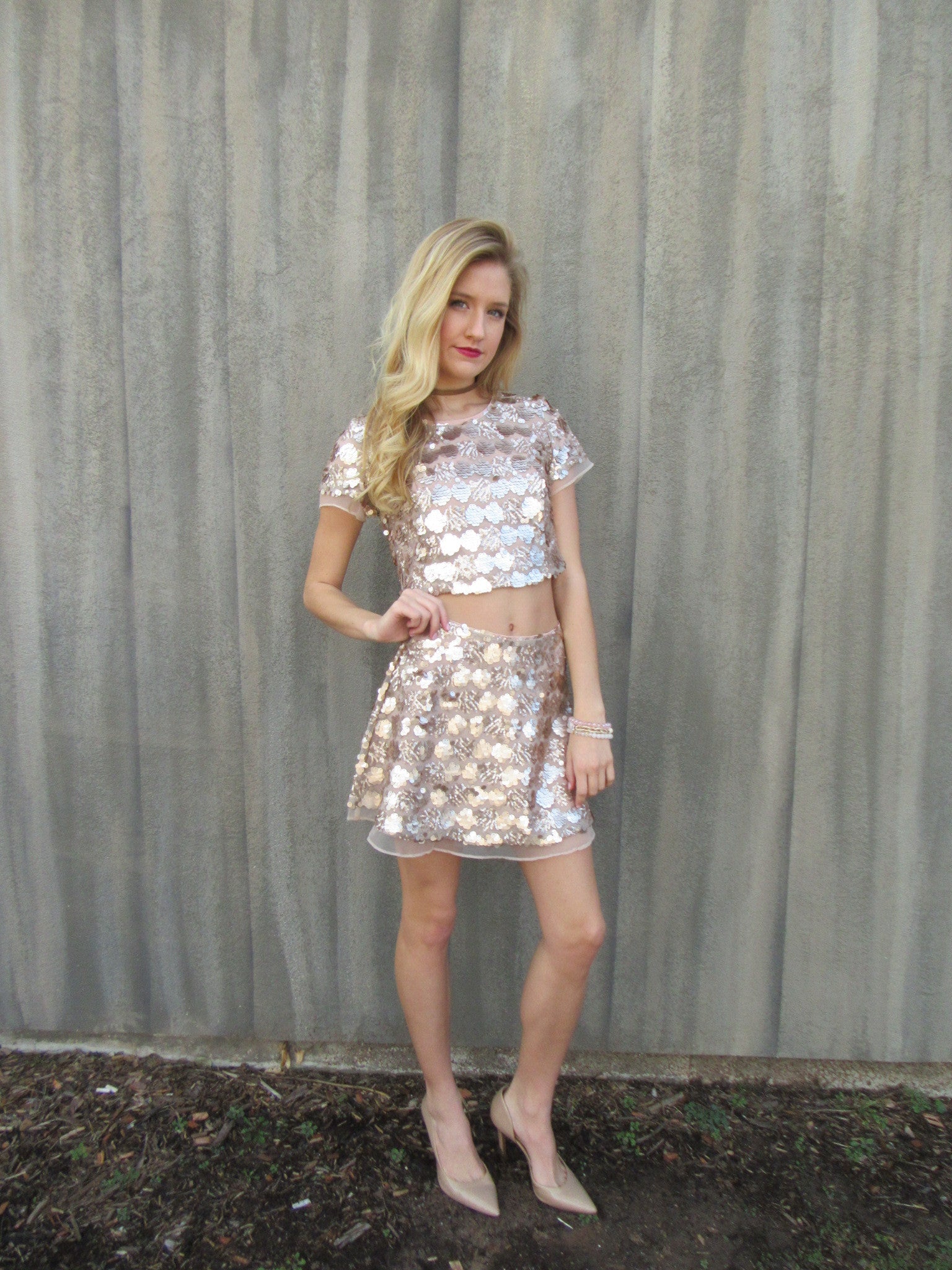 SHINE BRIGHT 2pc Sequin Crop Top/Skirt Set