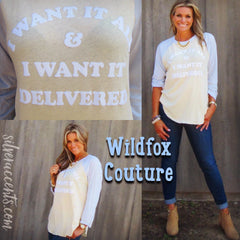WILDFOX COUTURE Tawny I WANT IT DELIVERED Rebel Raglan Tee Top