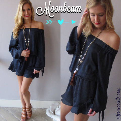 MOONBEAM OffShoulder TieSeeve Ruffle Hem Short Romper