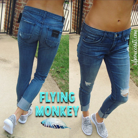 FLYING MONKEY Cuffed Distressed MICHIGAN BLUE Girlfriend Jean