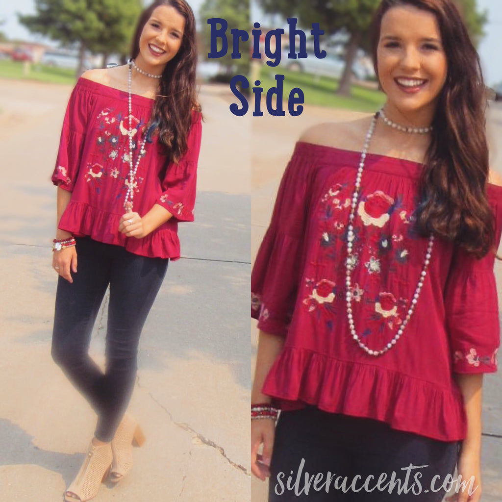 BRIGHT SIDE Embroidered Floral OffShoulder RuffleHem Top