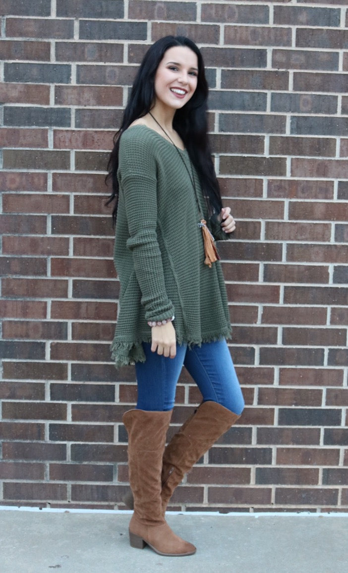 UPTOWN WaffleKnit FrayHem HiLo Sweater Tunic Top