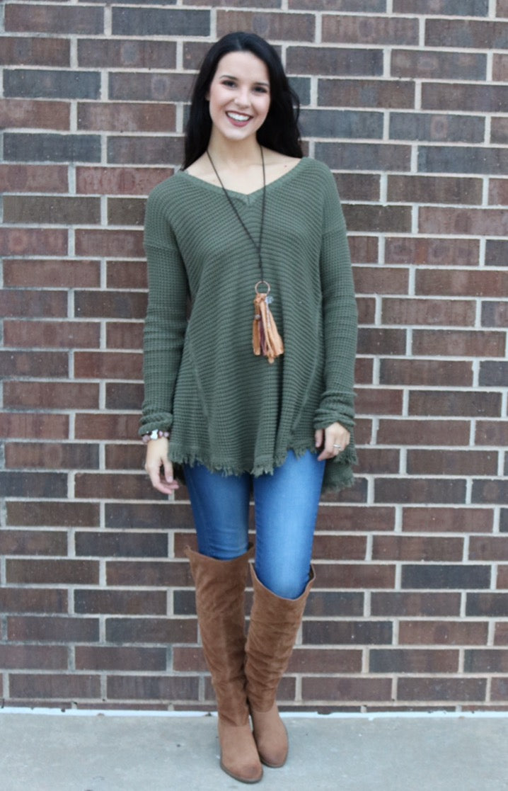 UPTOWN WaffleKnit FrayHem HiLo Sweater Tunic Top