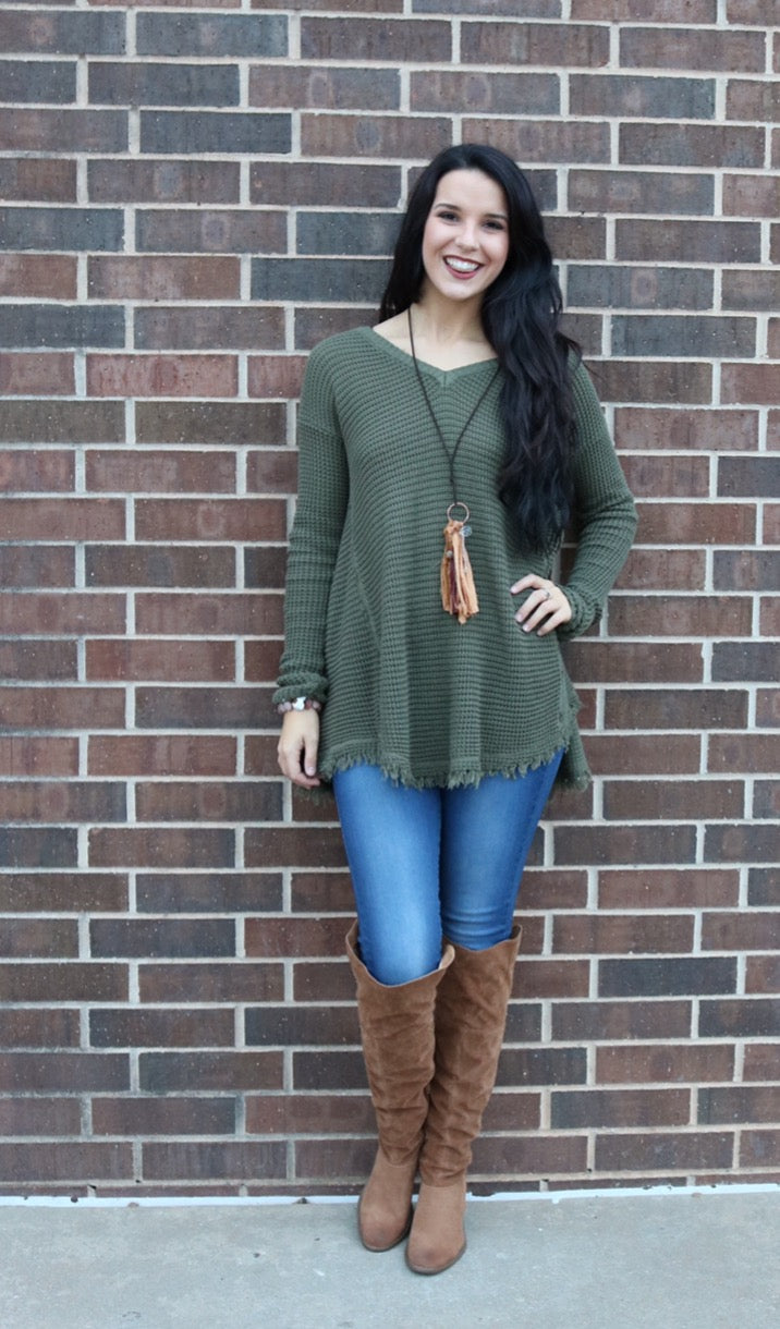 UPTOWN WaffleKnit FrayHem HiLo Sweater Tunic Top