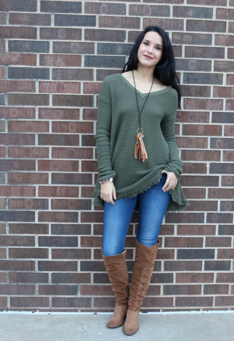 UPTOWN WaffleKnit FrayHem HiLo Sweater Tunic Top