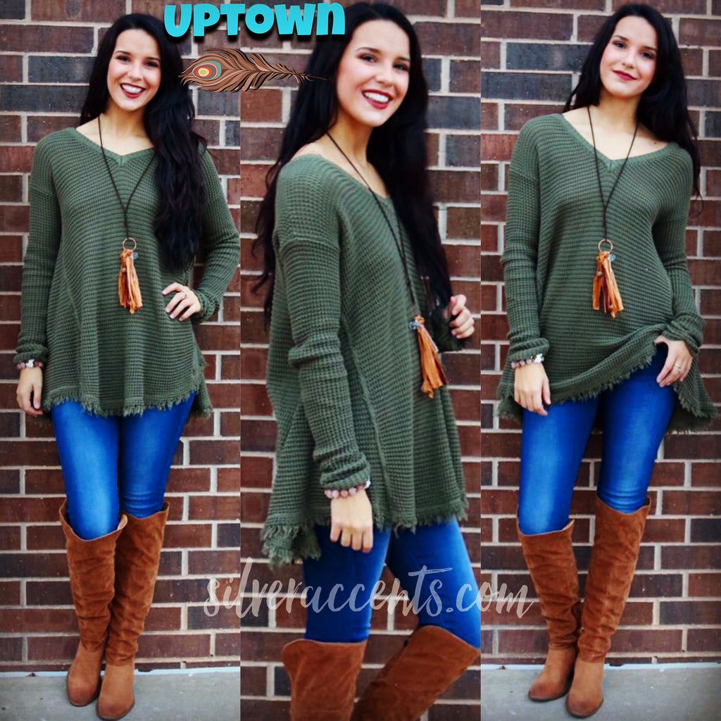 UPTOWN WaffleKnit FrayHem HiLo Sweater Tunic Top
