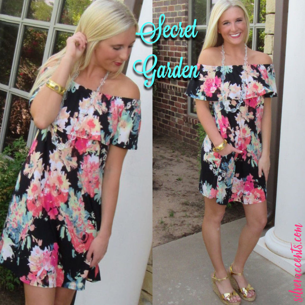 SECRET GARDEN Floral Ruffled OffShoulder Jersey Knit Dress