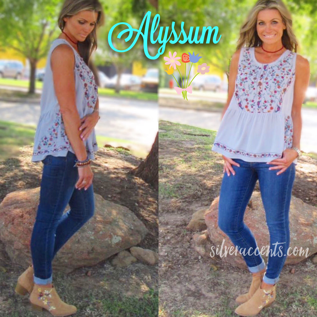 ALYSSUM Floral Embroidered Babydoll Tank Top
