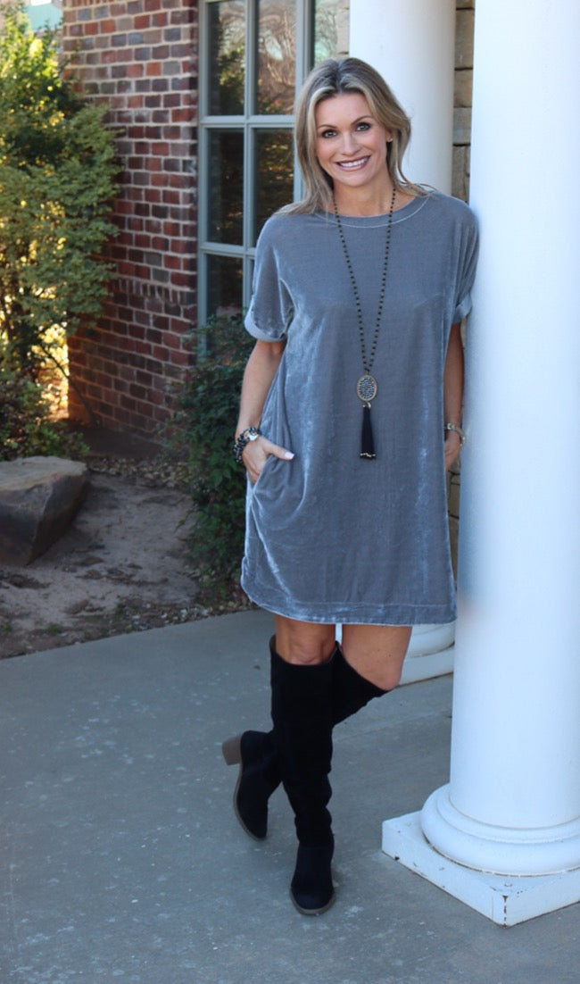 MY WISH Velvet Roll Sleeve ScoopHem Tunic Dress