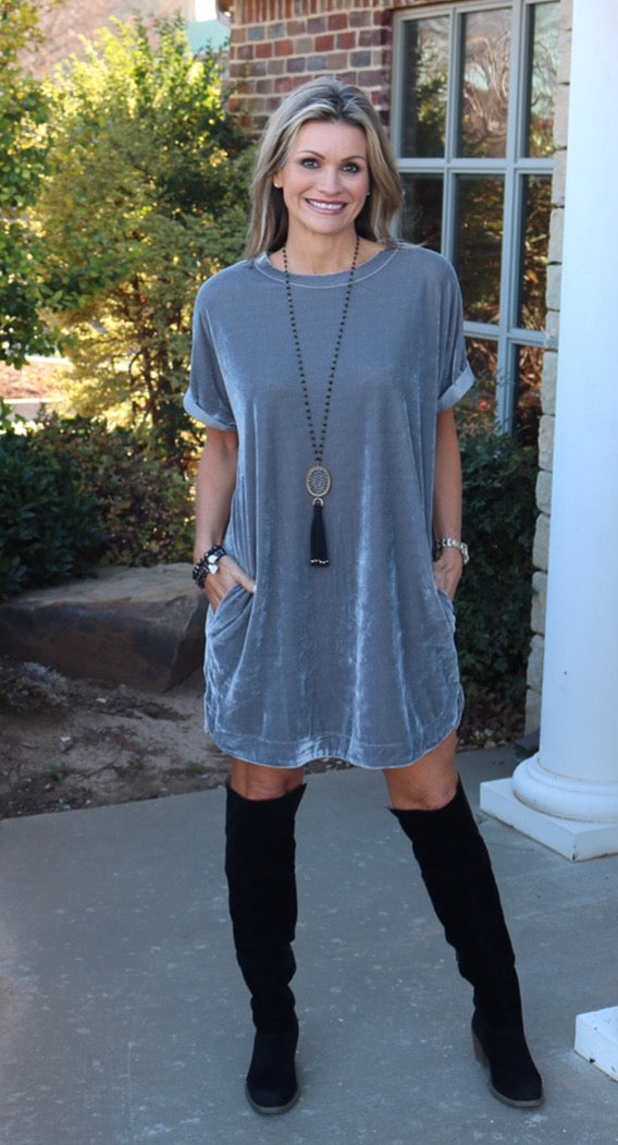 MY WISH Velvet Roll Sleeve ScoopHem Tunic Dress