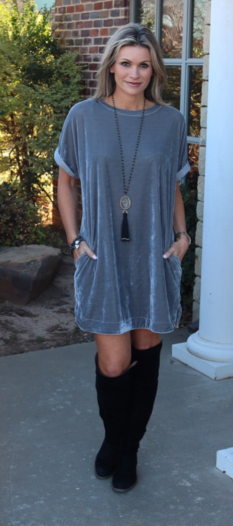 MY WISH Velvet Roll Sleeve ScoopHem Tunic Dress