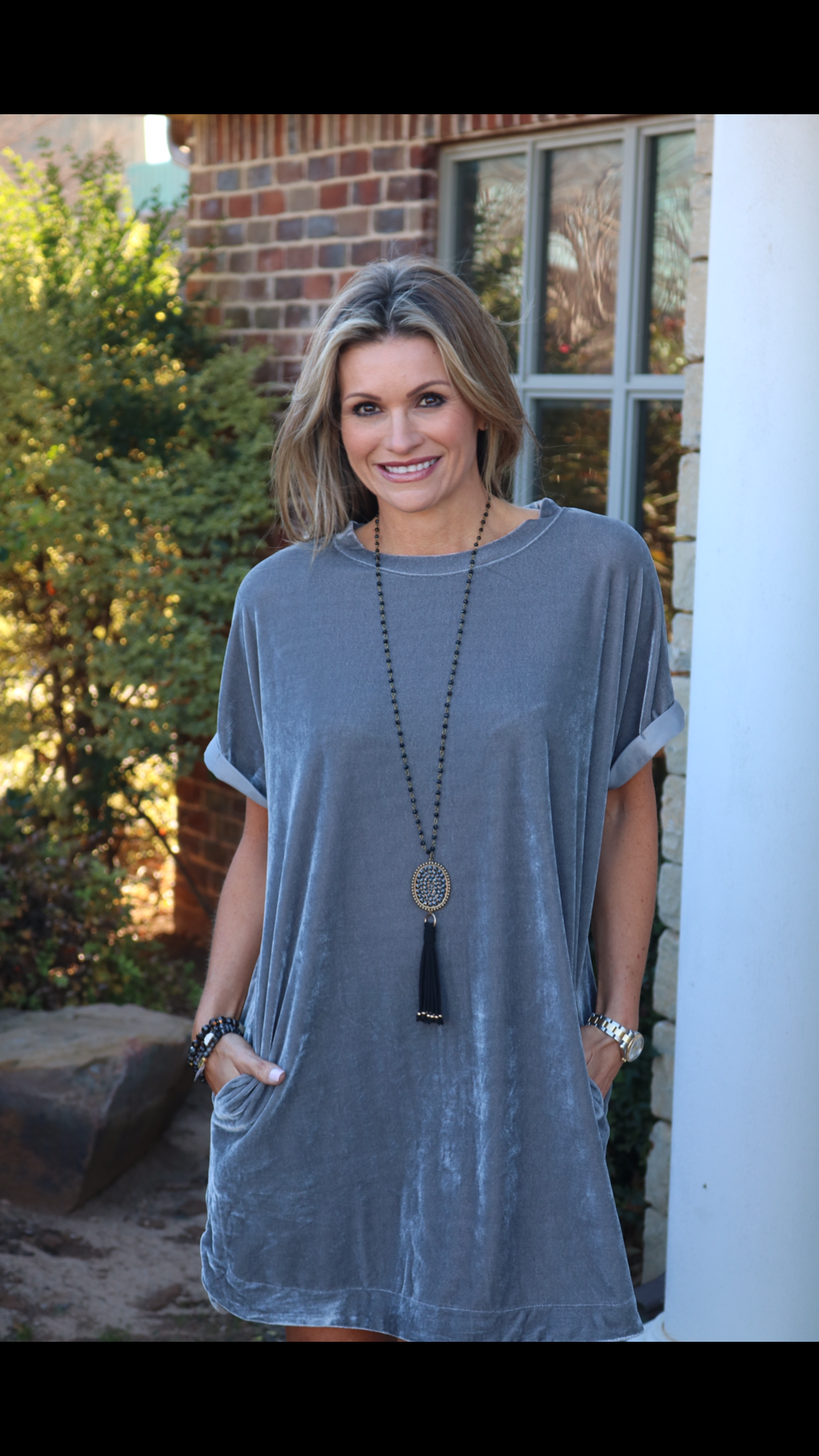 MY WISH Velvet Roll Sleeve ScoopHem Tunic Dress