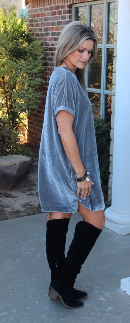 MY WISH Velvet Roll Sleeve ScoopHem Tunic Dress