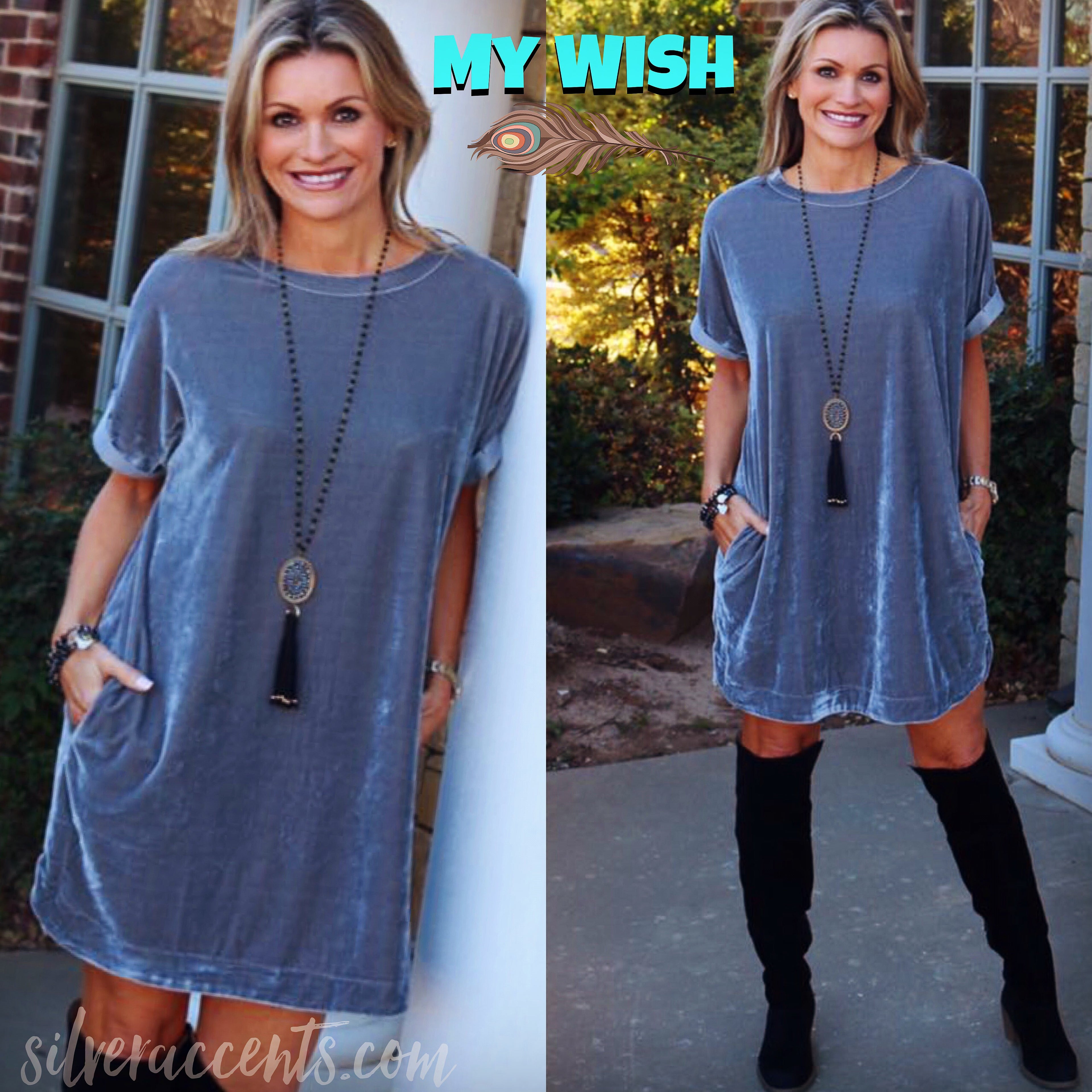 MY WISH Velvet Roll Sleeve ScoopHem Tunic Dress