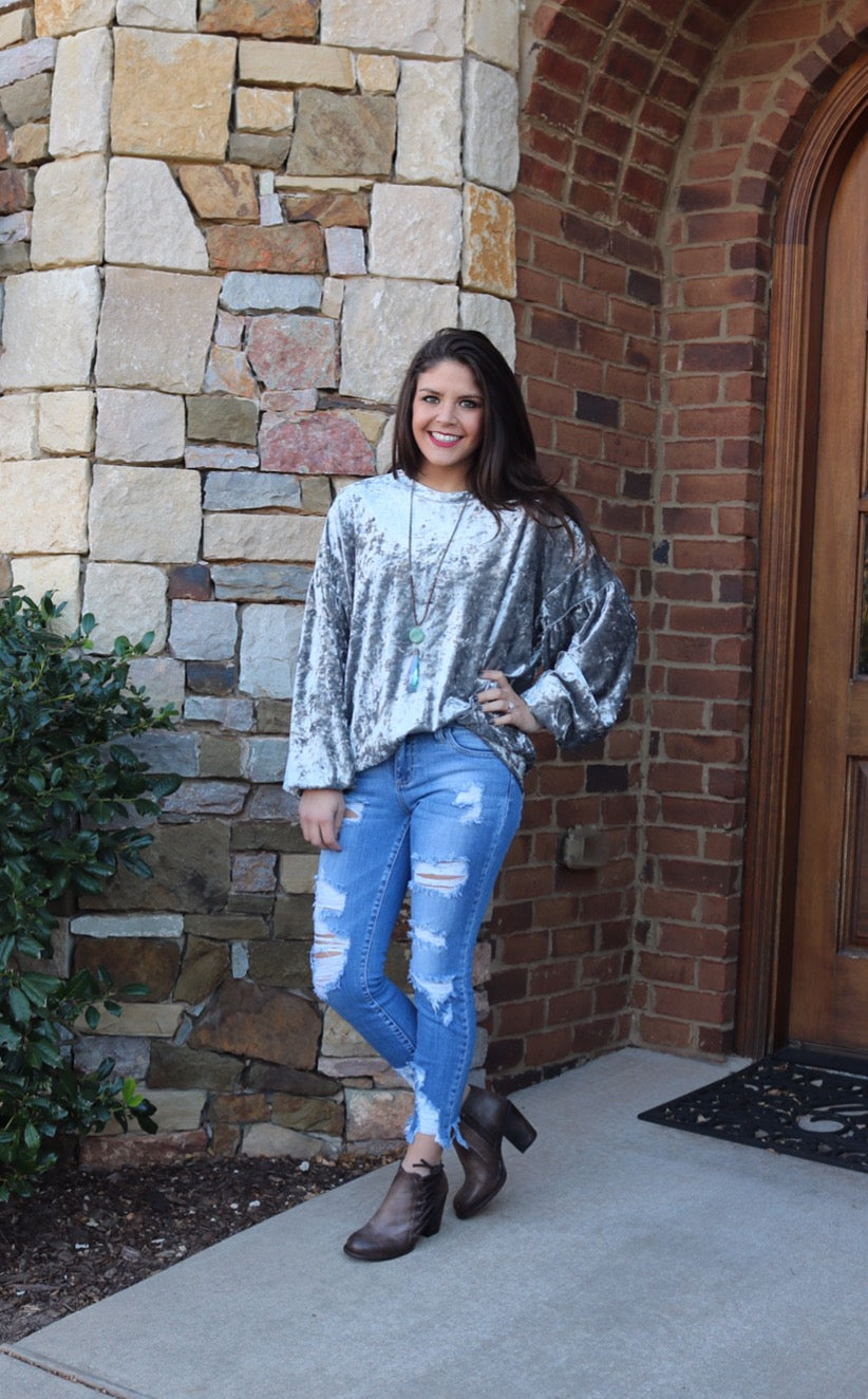 WONDERMENT CrushVelvet DropShoulder LongSleeve Pullover Top