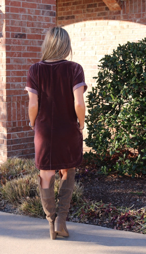 MY WISH Velvet Roll Sleeve ScoopHem Tunic Dress