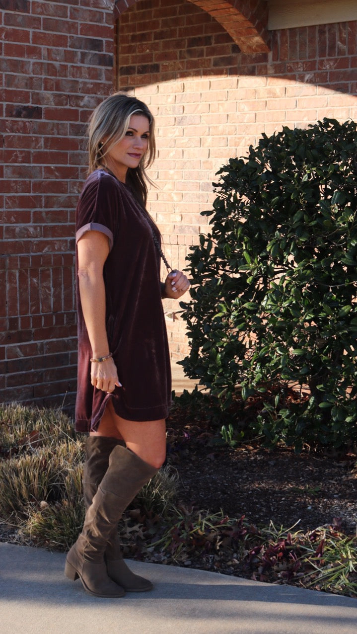 MY WISH Velvet Roll Sleeve ScoopHem Tunic Dress