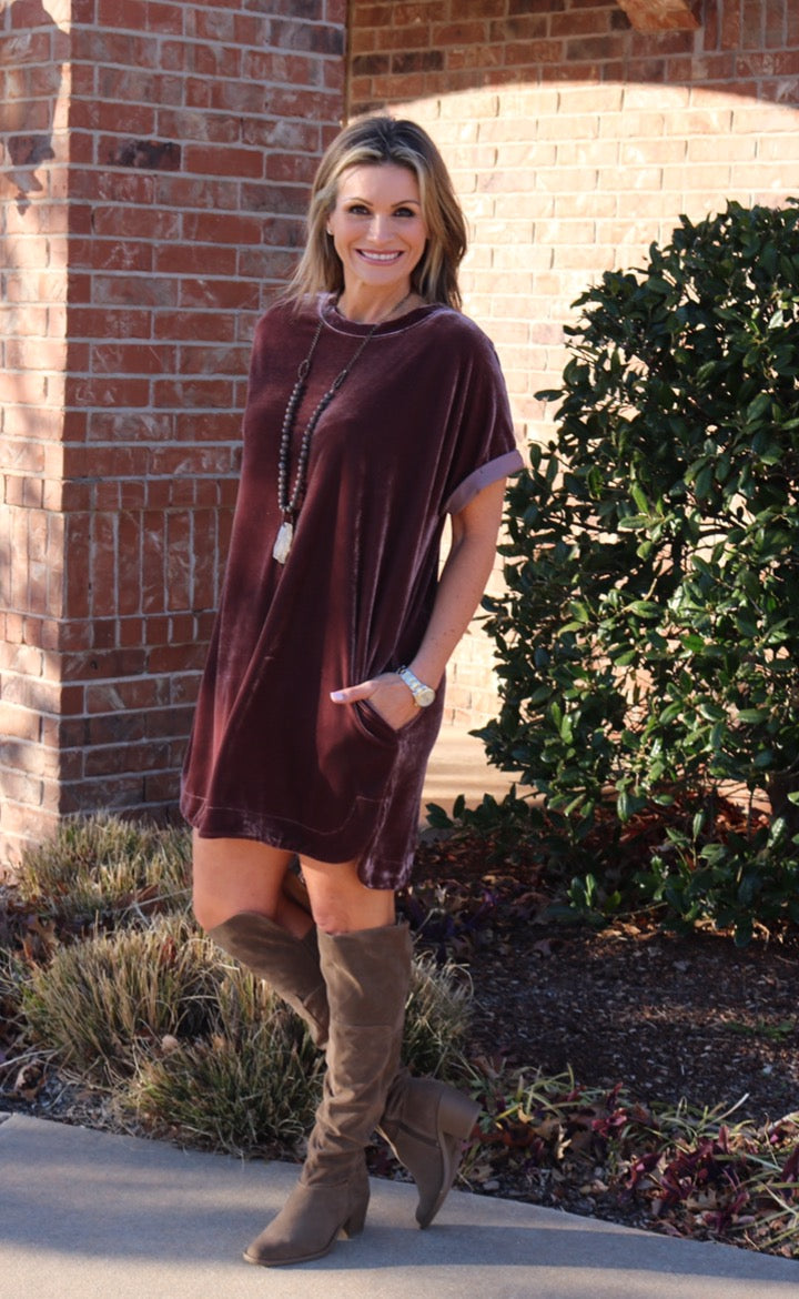 MY WISH Velvet Roll Sleeve ScoopHem Tunic Dress
