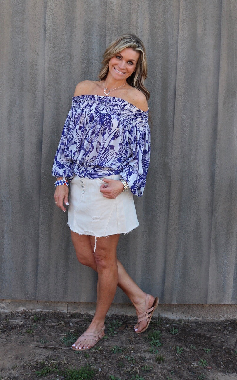 KEY LARGO Hawaiian Floral Smocked OffShoulder Chiffon Tie Top