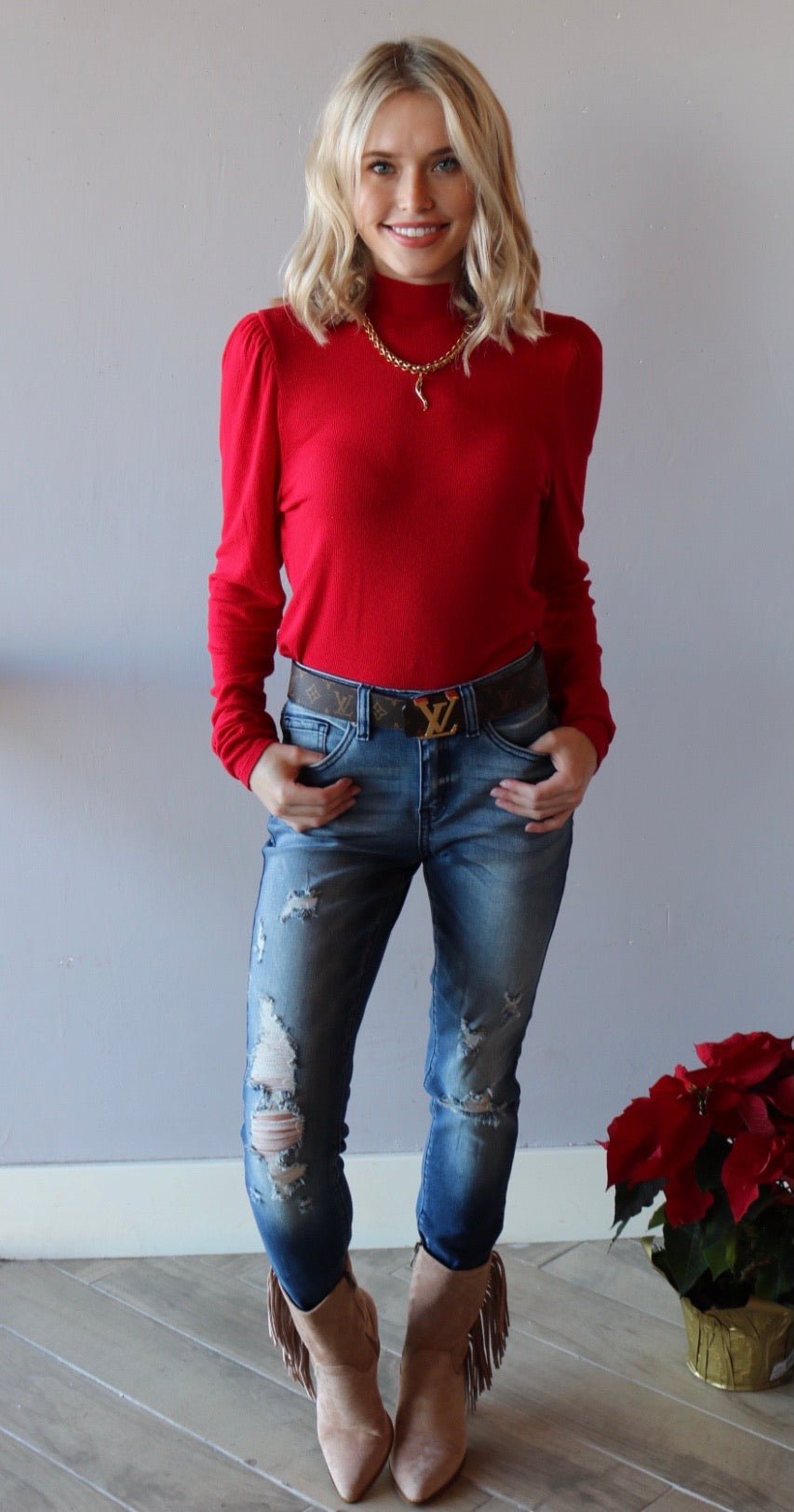 MICHAEL STARS RibKnit ESME MockNeck PuffSleeve Top