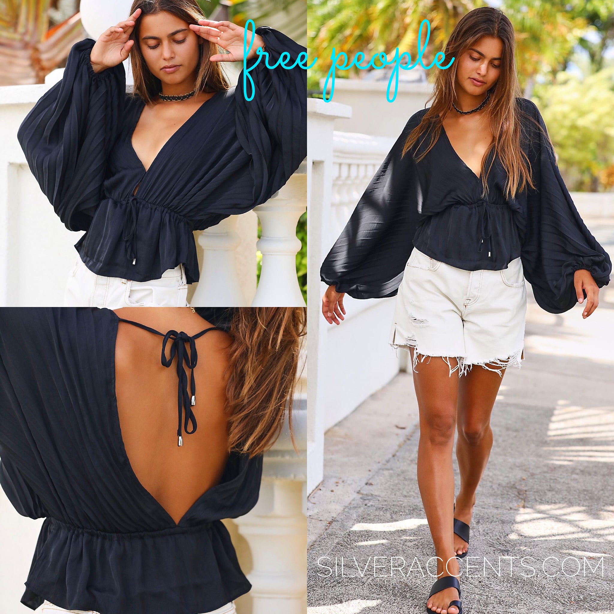 FREE PEOPLE Silk ELOUISE DrawstringWaist PleatSleeve V~Neck Kimono Top