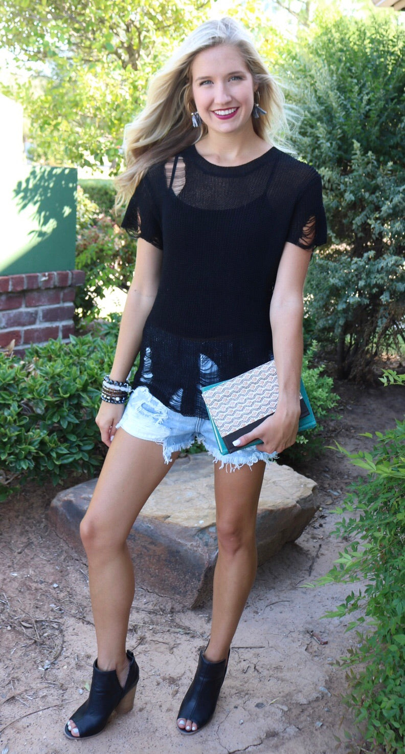 ORACLE Distressed SheerKnit Short Sleeve Sweater Top