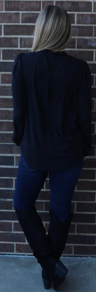 Main Strip PERSPECTIVE Ruffle HiNeck/Sleeve Chiffon Top