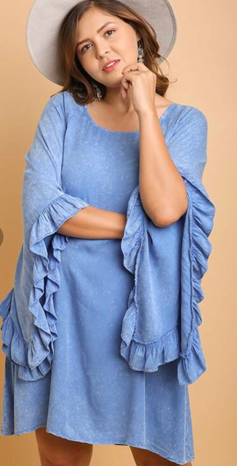 R&R Mineral Wash Ruffle Sleeve Dress