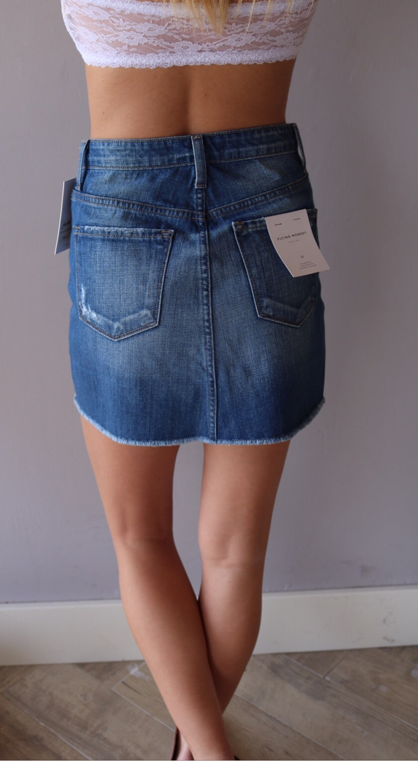 FLYING MONKEY Distressed GET OUT BLUE FrayHem Skirt
