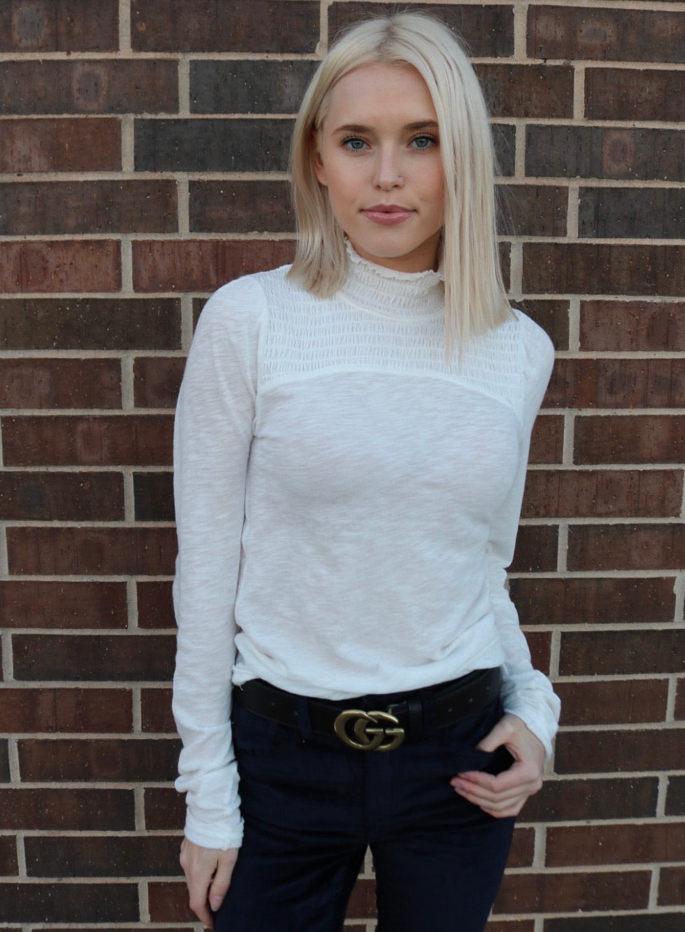 FREE PEOPLE MockNeck CAROLINE Ruched Jersey Top