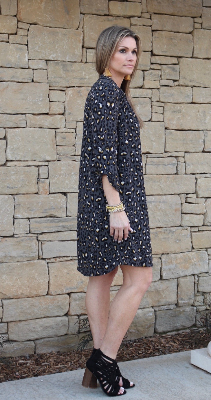 IMAGE Leopard RollSleeve Split VNeck Dress