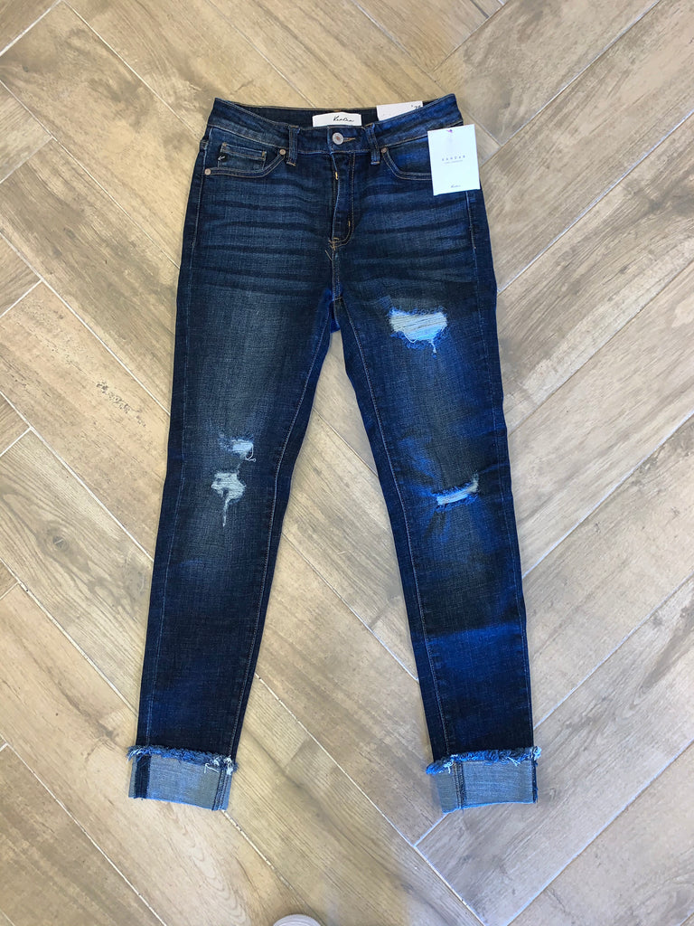 KC OUTREACH HIRISE Distressed Dark Blue Ankle Jeans