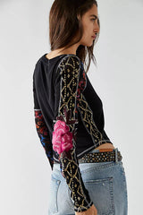 Free People AMARA Embroidered Sleeve Thermal V-Neck Top