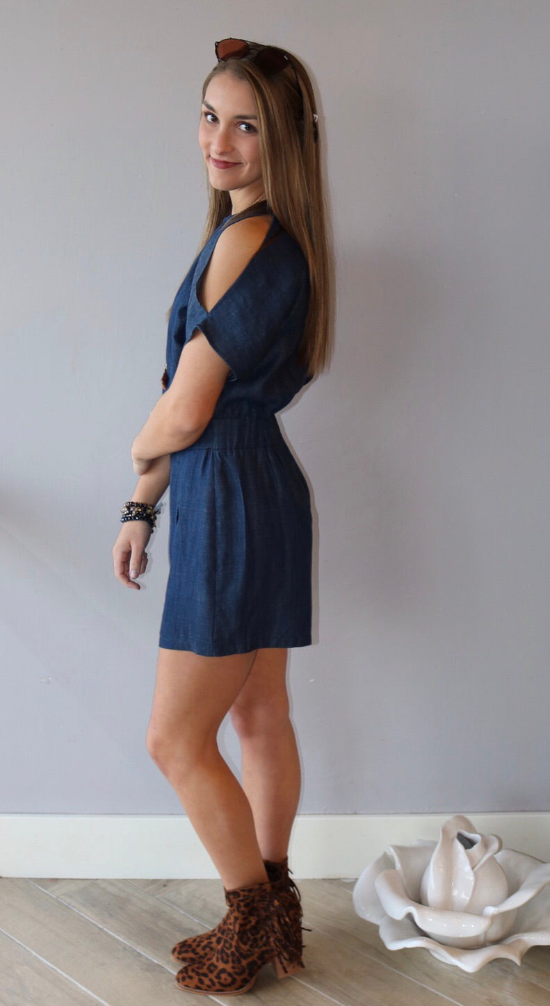 TCEC Denim FORESIGHT Slit Sleeve Faux Wrap Short Romper