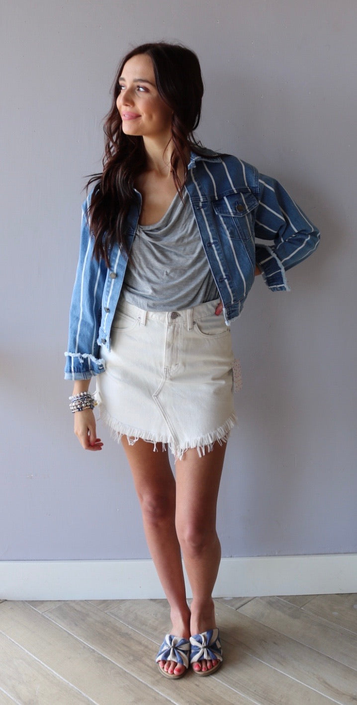 FREE PEOPLE! HiWaist BAILEY Raw FringeHem Denim Skirt