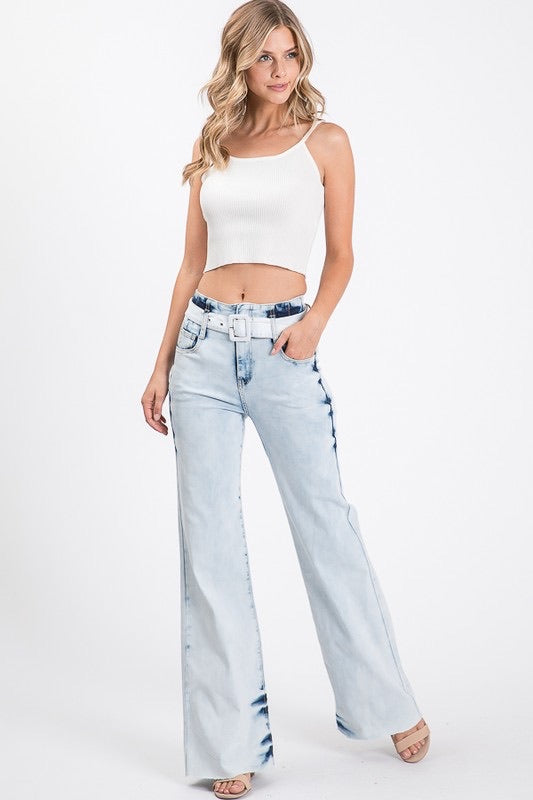 GIGI High Waisted Acid Wash Belted Stretch Flare Jean