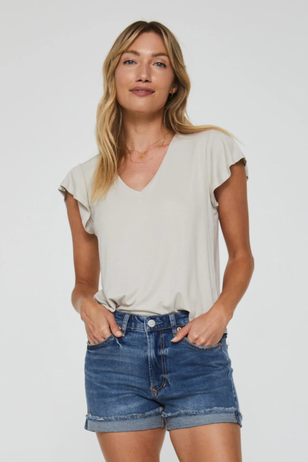 ANOTHER LOVE Flutter Sleeve MELEE V-Neck Smocked Shoulder Top