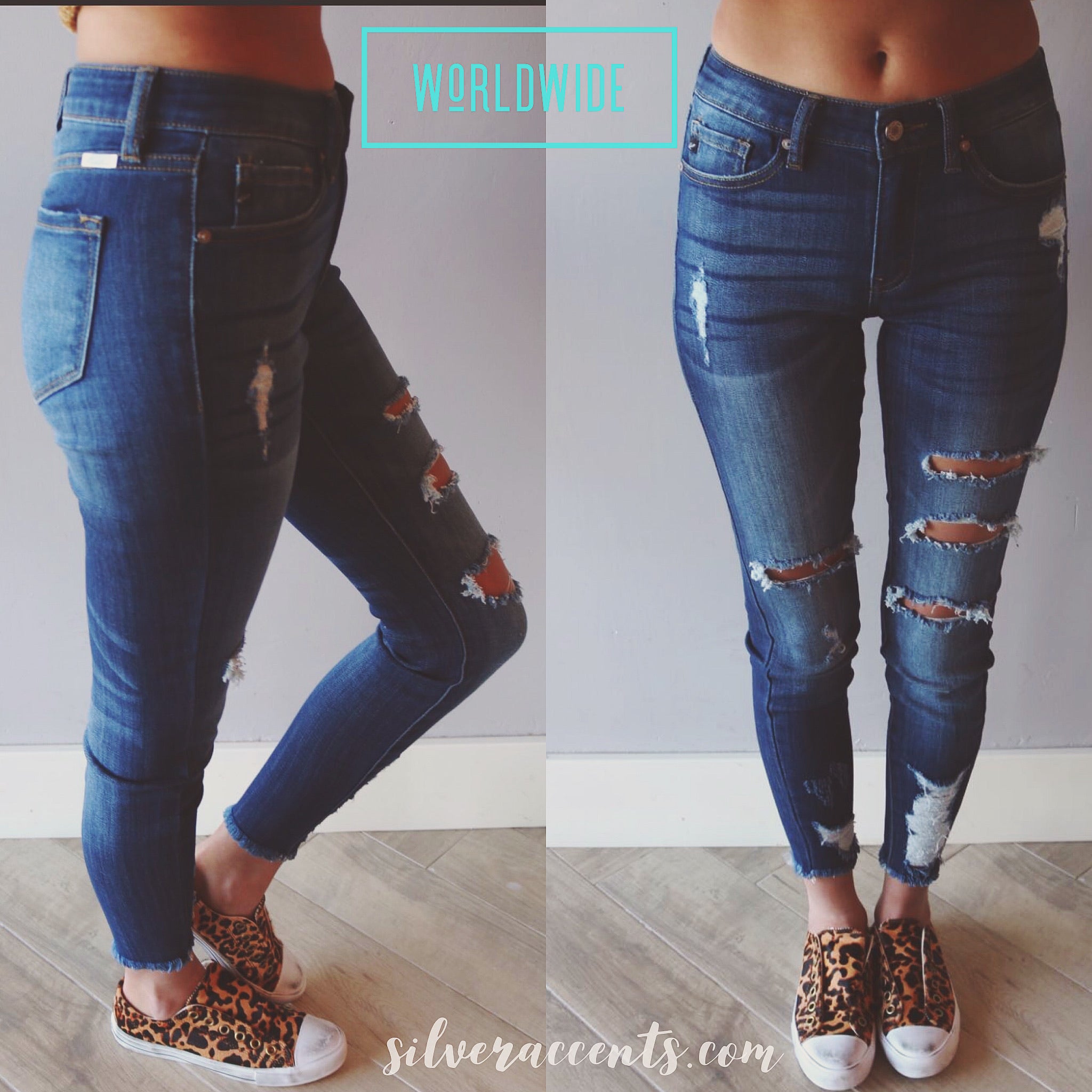 WORLDWIDE MidRise Distress AnkleRub Stretch Skinny Jean