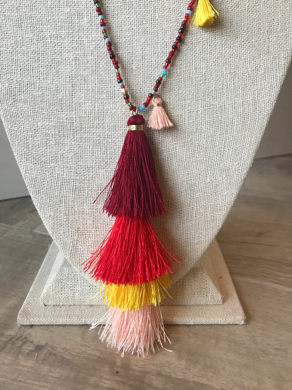 Beaded and Tassel Fringe Red Necklace