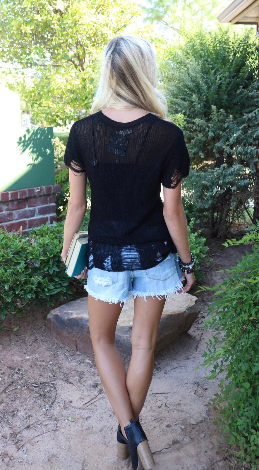 ORACLE Distressed SheerKnit Short Sleeve Sweater Top