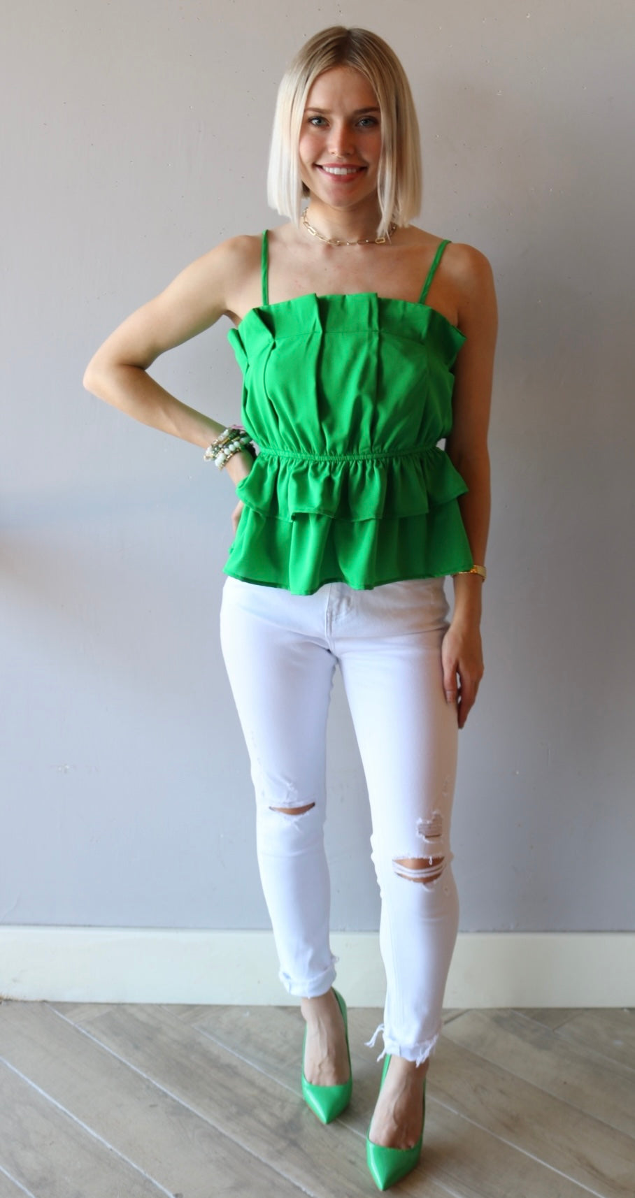 BLOOM Pleated Ruffle Bust SpaghettiStrap Poplin Top