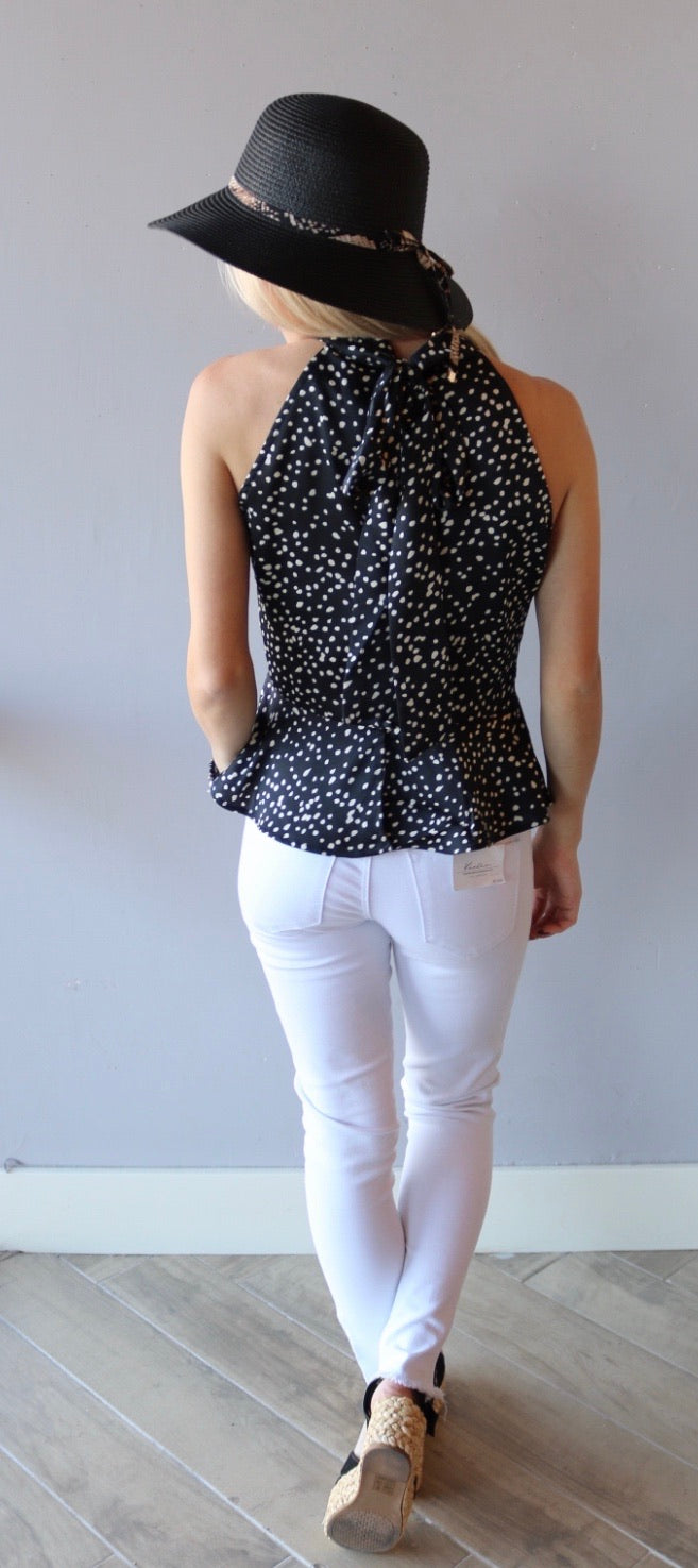 STRIDE Polka Dot High Tie Neck Satin Top