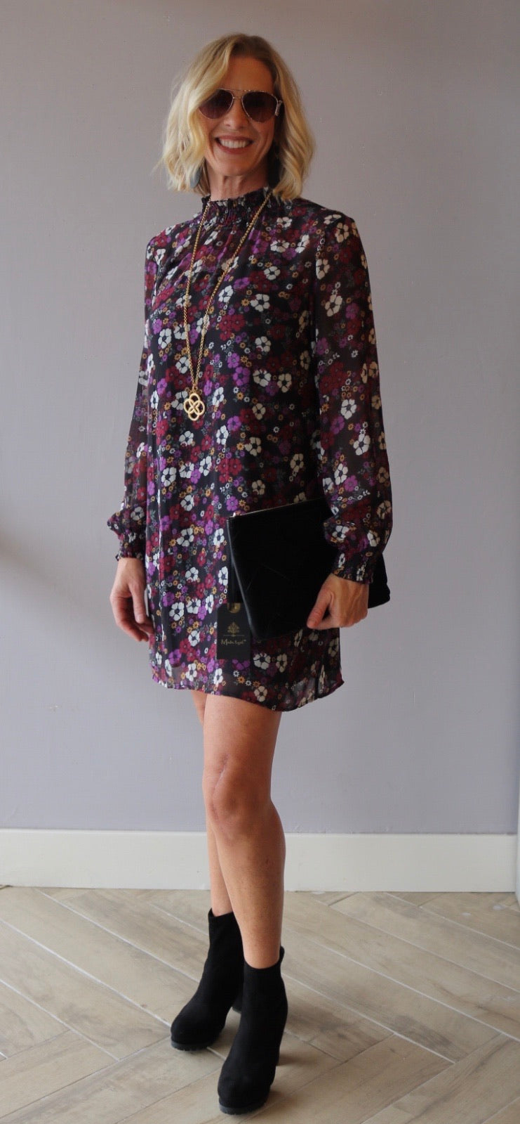 *BOBI BLACK Floral OLSEN Smock Neck Dress
