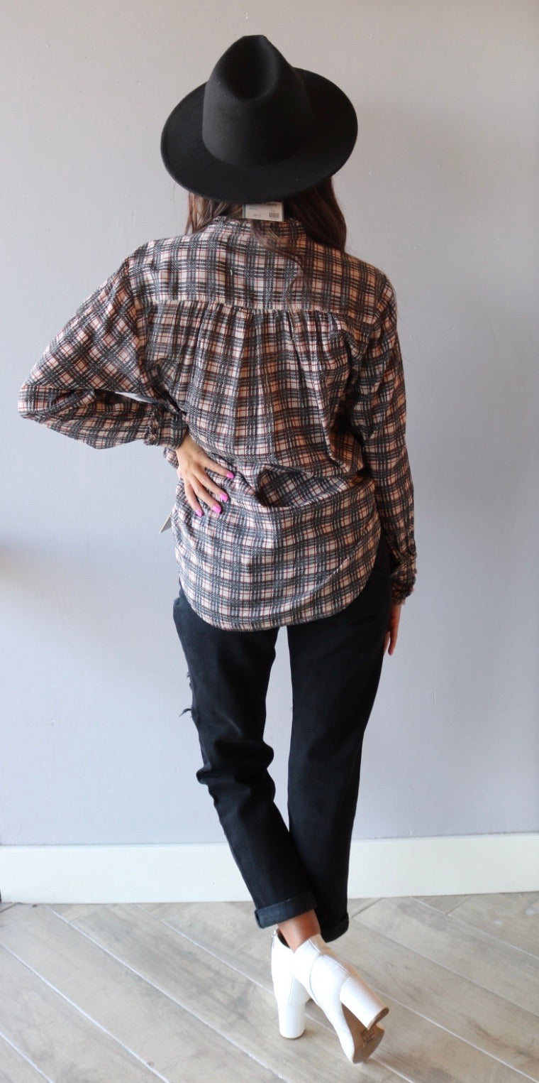 FREE PEOPLE Plaid MILES ButtonDown Tuxedo Shirt