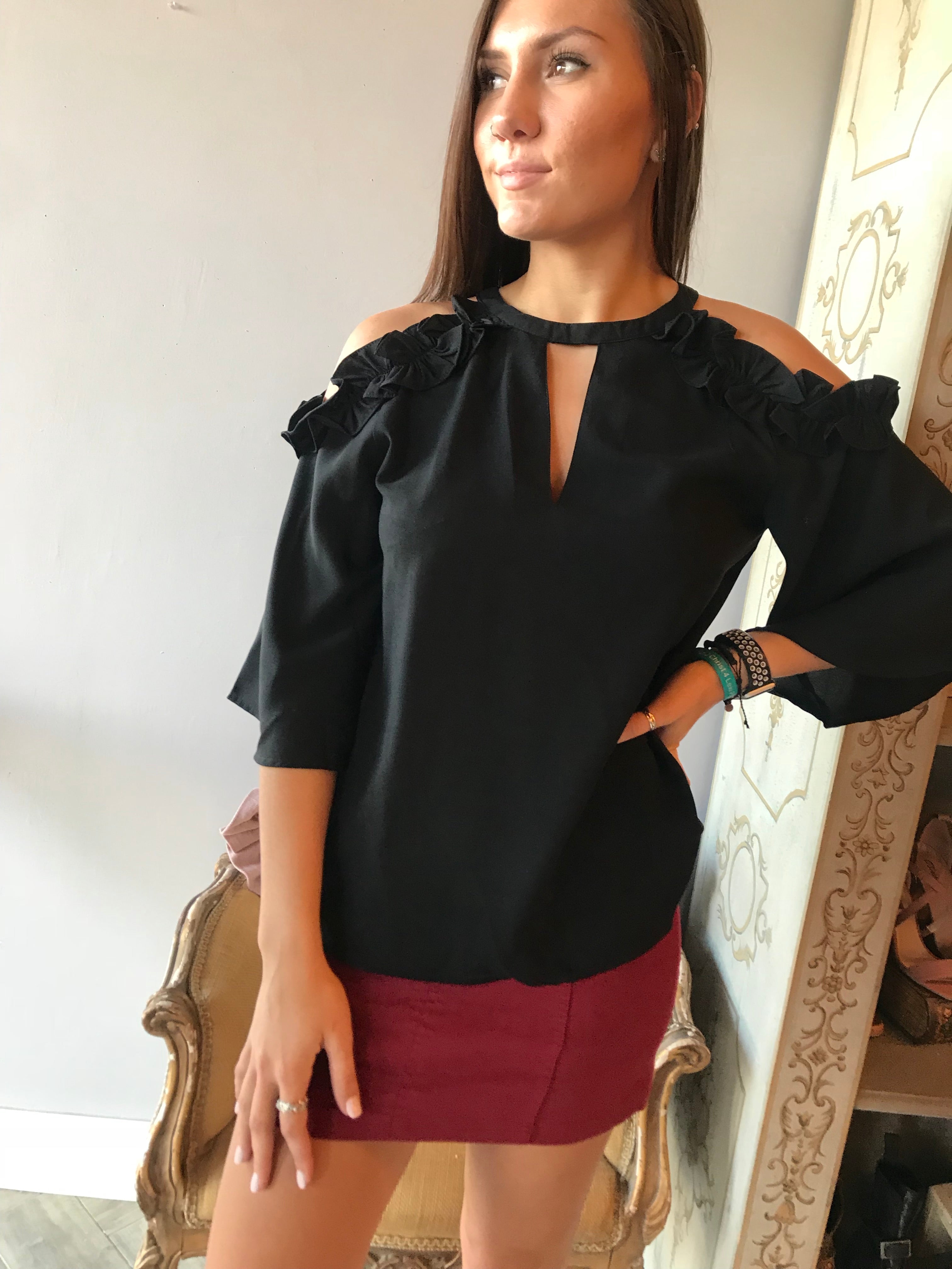 RESOLUTE Open Ruffle Shoulder Top